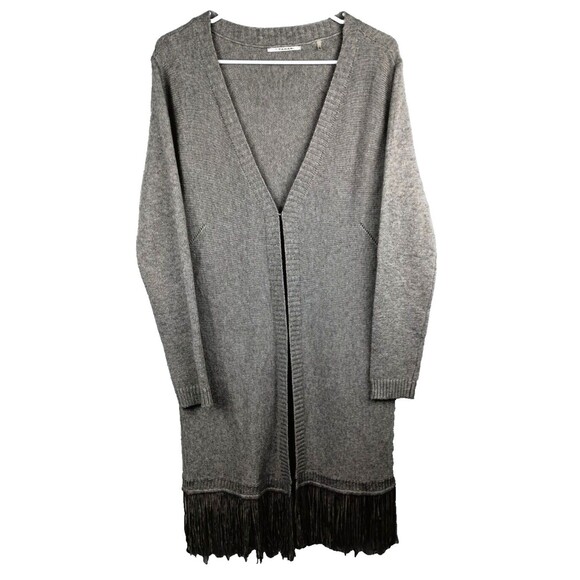 Tahari Womens Long Duster Sweater Open Cardigan Fringe Bottom Taupe Cotton Small - Picture 1 of 12